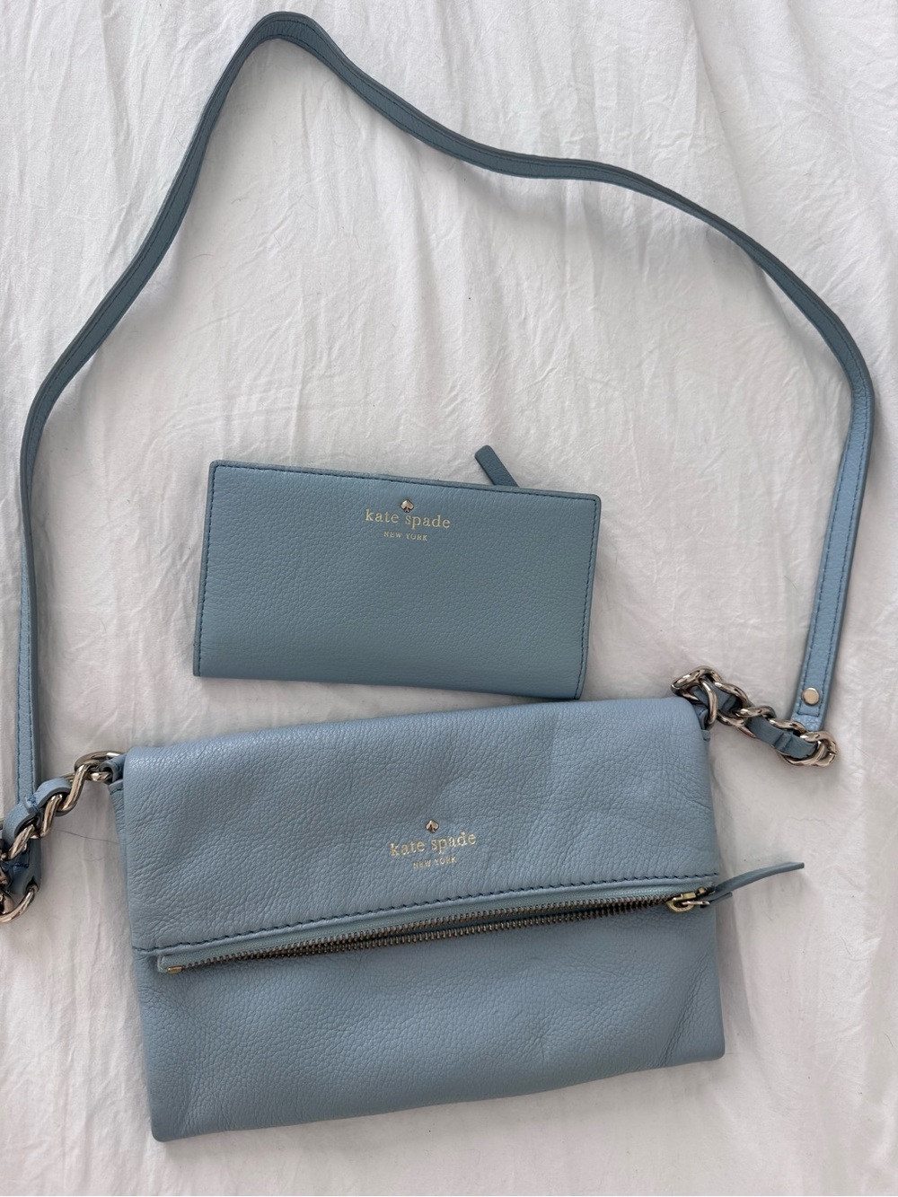 ♠️ Kate Spade New York Dusty Blue Leather Crossbody Bag with Wallet